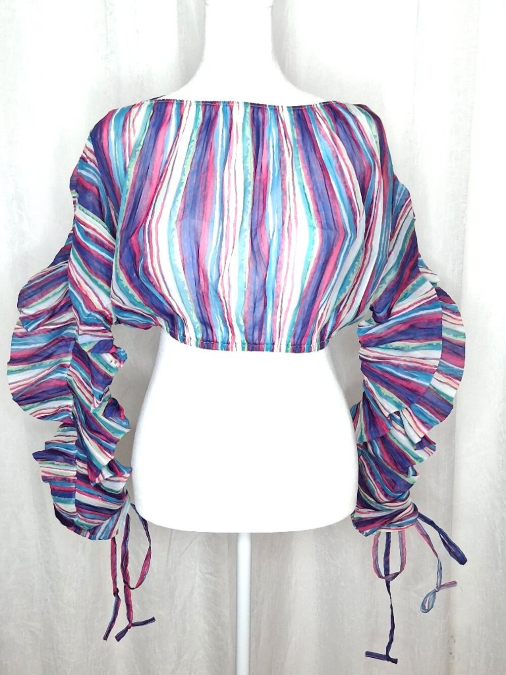 AKIRA Fanned Out Striped Chiffon Crop Top with Drawstring Long Sleeves